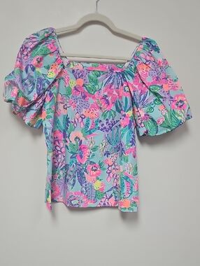 Lilly Pulitzer Mint Multi Puff-Sleeve Square Neck Blouse